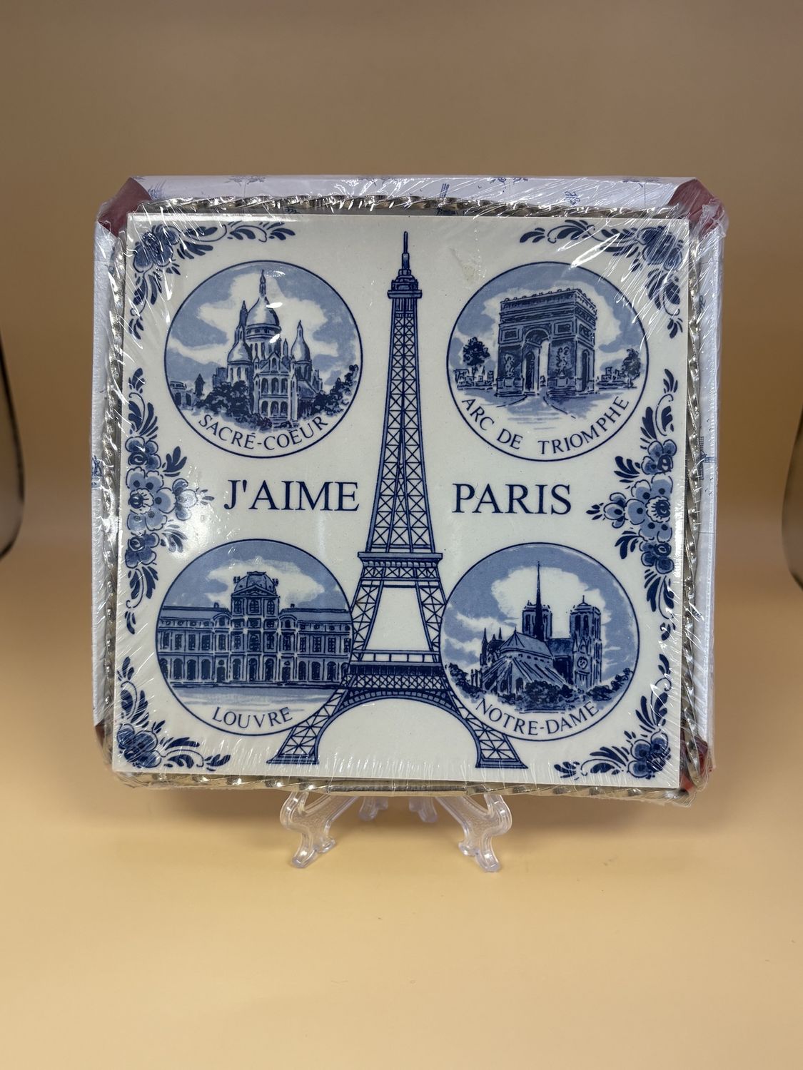 Decor. Netherlands. Delft Blue. Tile w/Metal Frame. Paris/Eiffel Tower. 6.5&#39;&#39;W