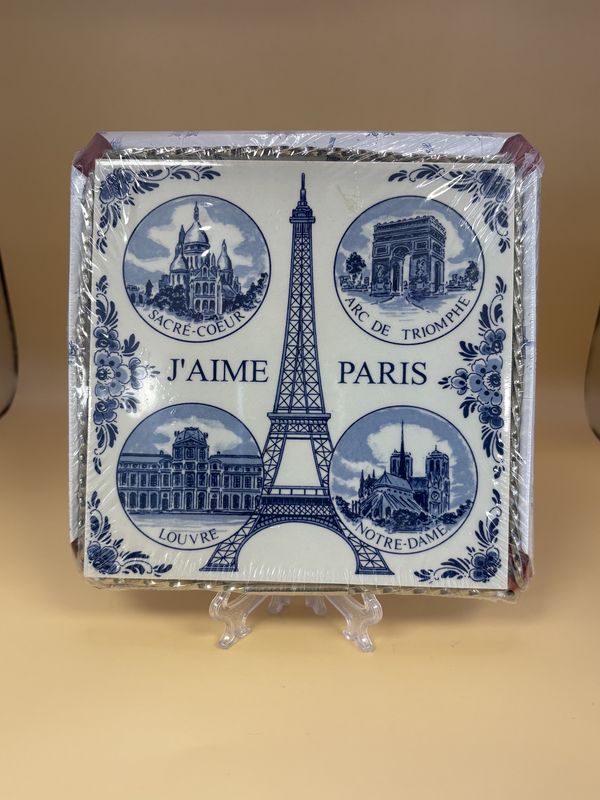 Decor. Netherlands. Delft Blue. Tile w/Metal Frame. Paris/Eiffel Tower. 6.5&#39;&#39;W