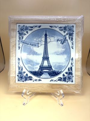 Decor. Netherlands. Delft Blue. Tile w/Wood Frame. Paris/Eiffel Tower.  11''W