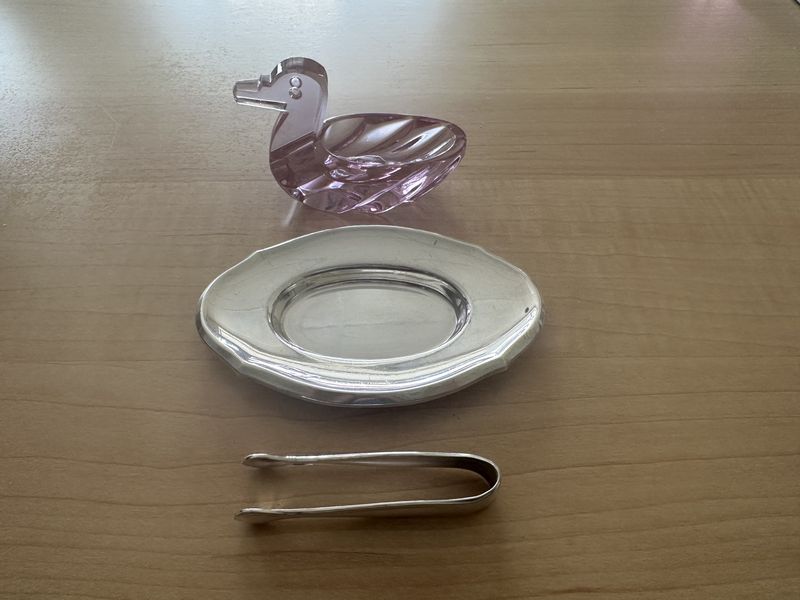Glass. Switzerland. Miniature Silver-plated Tray, Tongs, &amp; Pink Duck to Hold Sugar Cubes Soaked in Liquor. Circa 1950s. 4"L