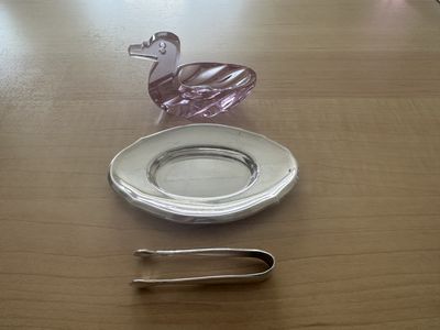 Glass. Switzerland. Miniature Silver-plated Tray, Tongs, &amp; Pink Duck to Hold Sugar Cubes Soaked in Liquor. Circa 1950s. 4"L