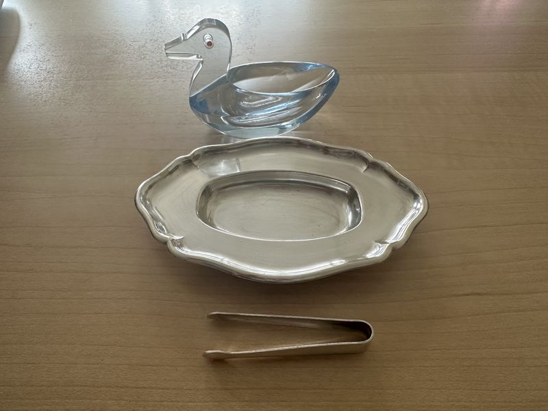 Glass. Switzerland. Miniature Silver-plated Tray, Tongs, &amp; Blue Duck to Hold Sugar Cubes Soaked in Liquor. Circa 1950s. 4.25"L