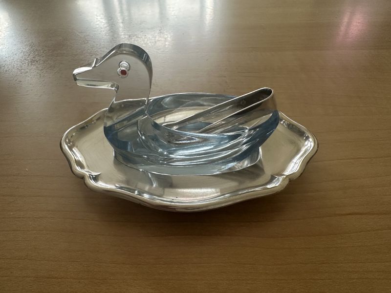 Glass. Switzerland. Miniature Silver-plated Tray, Tongs, &amp; Blue Duck to Hold Sugar Cubes Soaked in Liquor. Circa 1950s. 4.25&quot;L