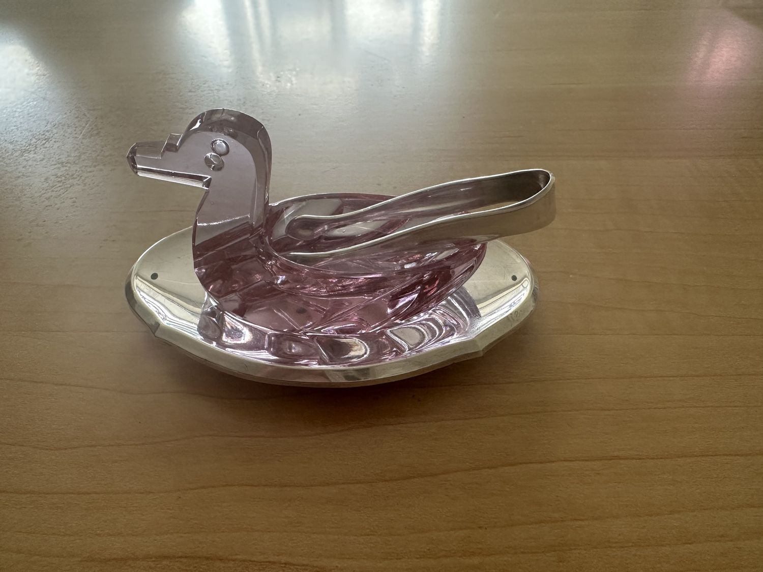 Glass. Switzerland. Miniature Silver-plated Tray, Tongs, &amp; Pink Duck to Hold Sugar Cubes Soaked in Liquor. Circa 1950s. 4&quot;L