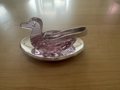 Glass. Switzerland. Miniature Silver-plated Tray, Tongs, &amp; Pink Duck to Hold Sugar Cubes Soaked in Liquor. Circa 1950s. 4"L