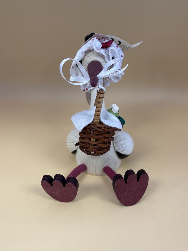 Toy. Spain/Portugal. Tricky Toy. Handmade Wooden Shelf-sitter Character w/Hanging Spring. Stork w/Basket.