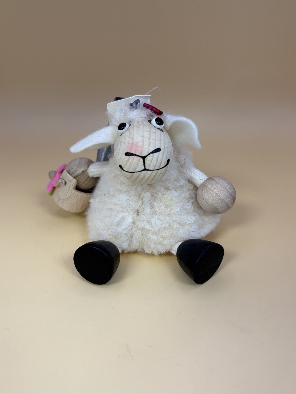 Toy. Spain/Portugal. Tricky Toy. Handmade Wooden Shelf-sitter Character w/Hanging Spring. Sheep