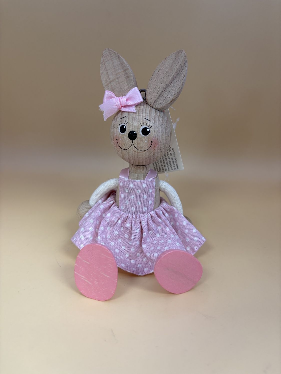 Toy. Spain/Portugal. Tricky Toy. Handmade Wooden Shelf-sitter Character w/Hanging Spring. Rabbit in Pink Dress.