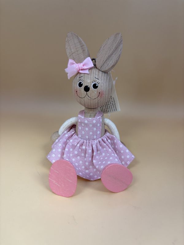 Toy. Spain/Portugal. Tricky Toy. Handmade Wooden Shelf-sitter Character w/Hanging Spring. Rabbit in Pink Dress.