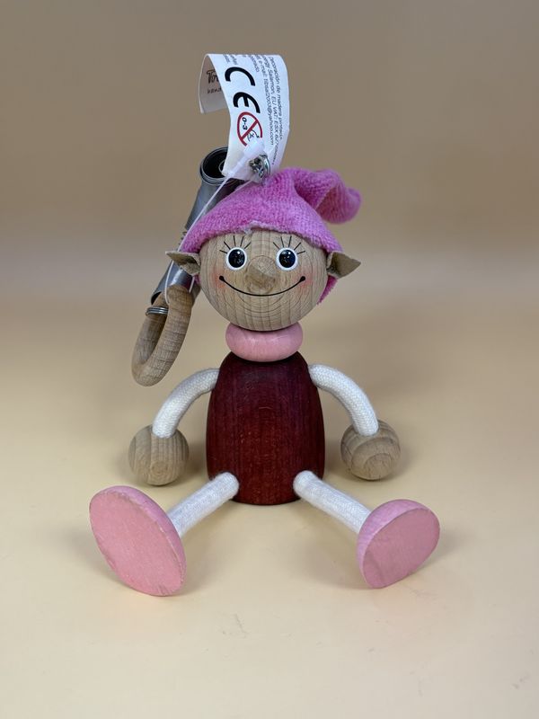 Toy. Spain/Portugal. Tricky Toy. Handmade Wooden Shelf-sitter Character w/Hanging Spring. Elf (Pink).