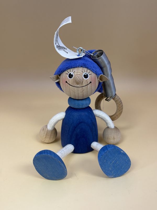 Toy. Spain/Portugal. Tricky Toy. Handmade Wooden Shelf-sitter Character w/Hanging Spring. Elf (Blue).