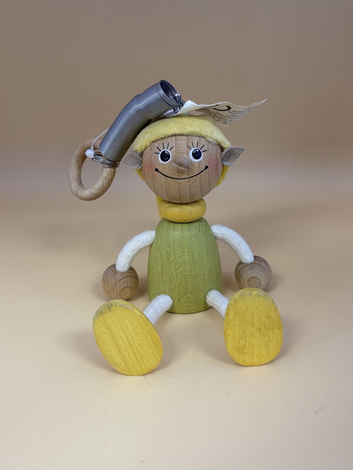 Toy. Spain/Portugal. Tricky Toy. Handmade Wooden Shelf-sitter Character w/Hanging Spring. Elf (Yellow &amp; Green).