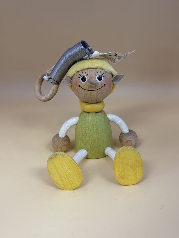 Toy. Spain/Portugal. Tricky Toy. Handmade Wooden Shelf-sitter Character w/Hanging Spring. Elf (Yellow &amp; Green).