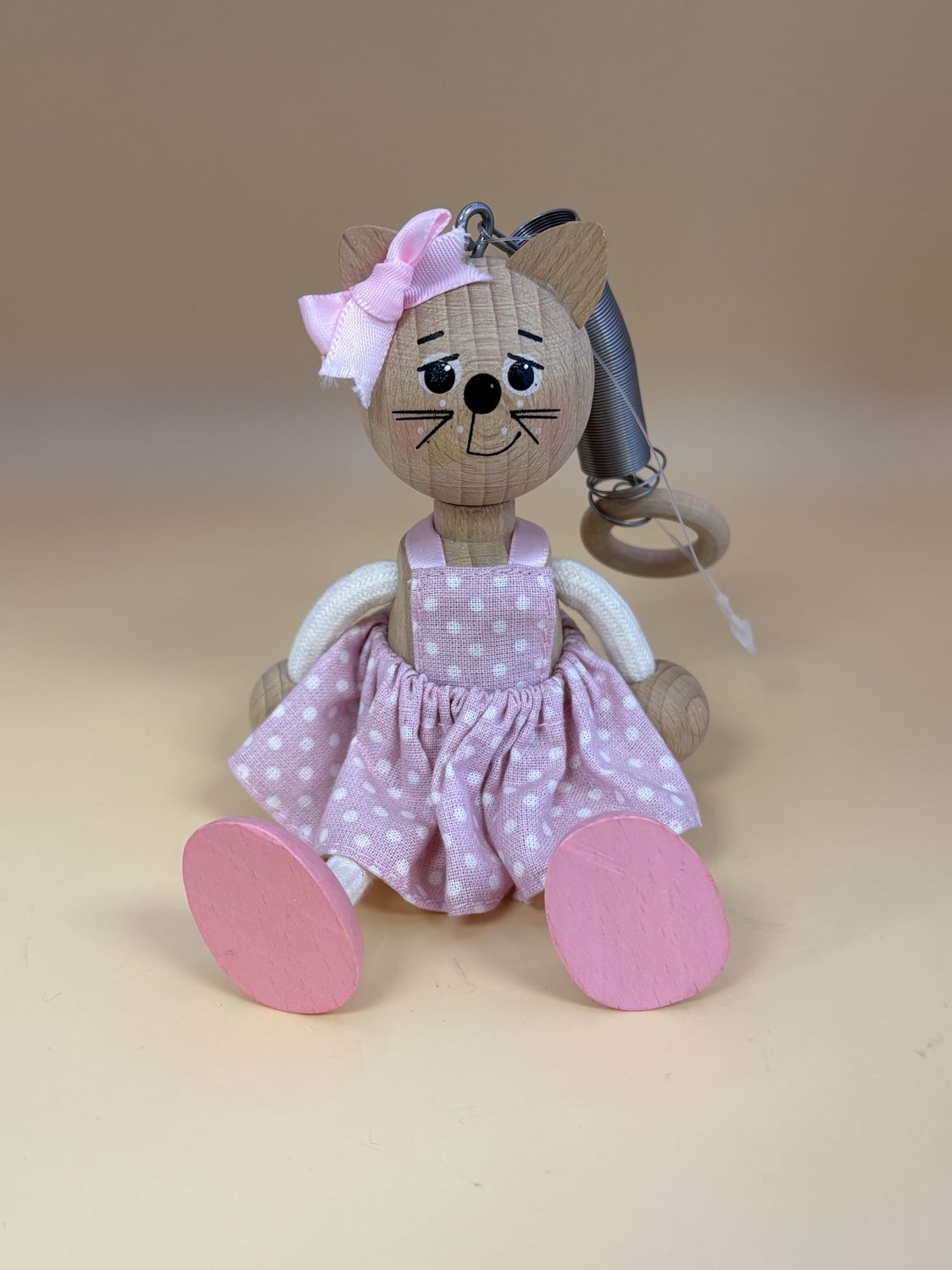 Toy. Spain/Portugal. Tricky Toy. Handmade Wooden Shelf-sitter Character w/Hanging Spring. Cat in Pink Dress.