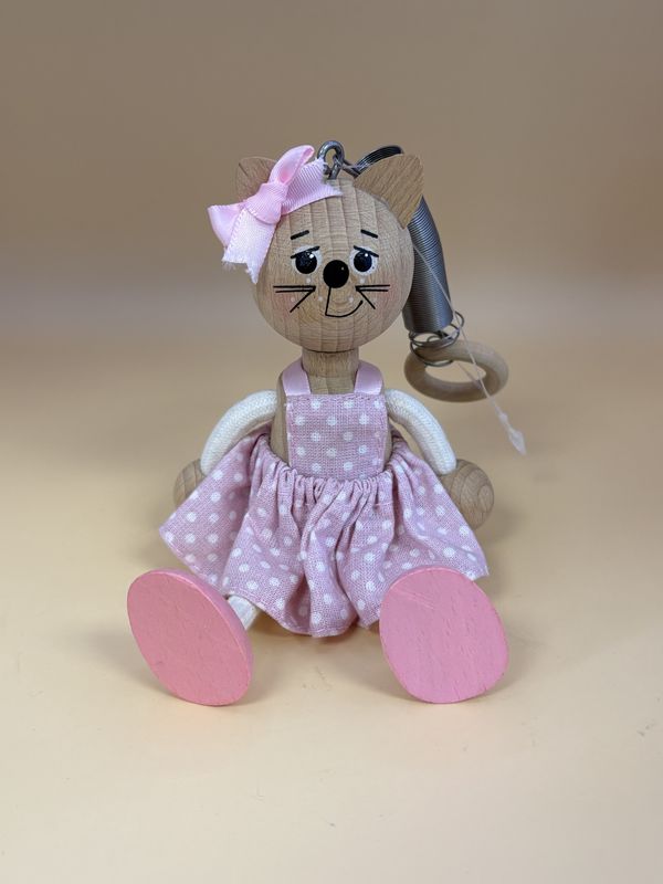 Toy. Spain/Portugal. Tricky Toy. Handmade Wooden Shelf-sitter Character w/Hanging Spring. Cat in Pink Dress.