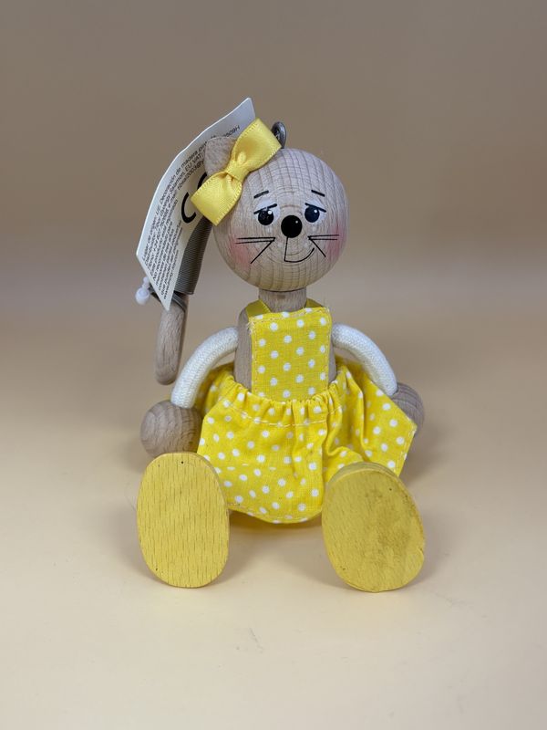 Toy. Spain/Portugal. Tricky Toy. Handmade Wooden Shelf-sitter Character w/Hanging Spring. Cat in Yellow Dress.