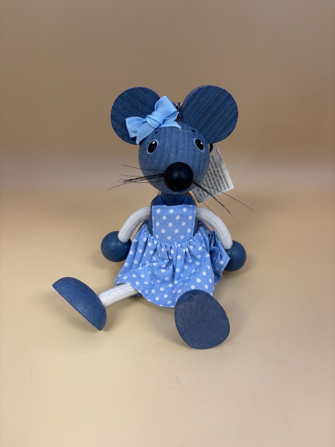 Toy. Spain/Portugal. Tricky Toy. Handmade Wooden Shelf-sitter Character w/Hanging Spring. Blue Mouse in Blue Dress.