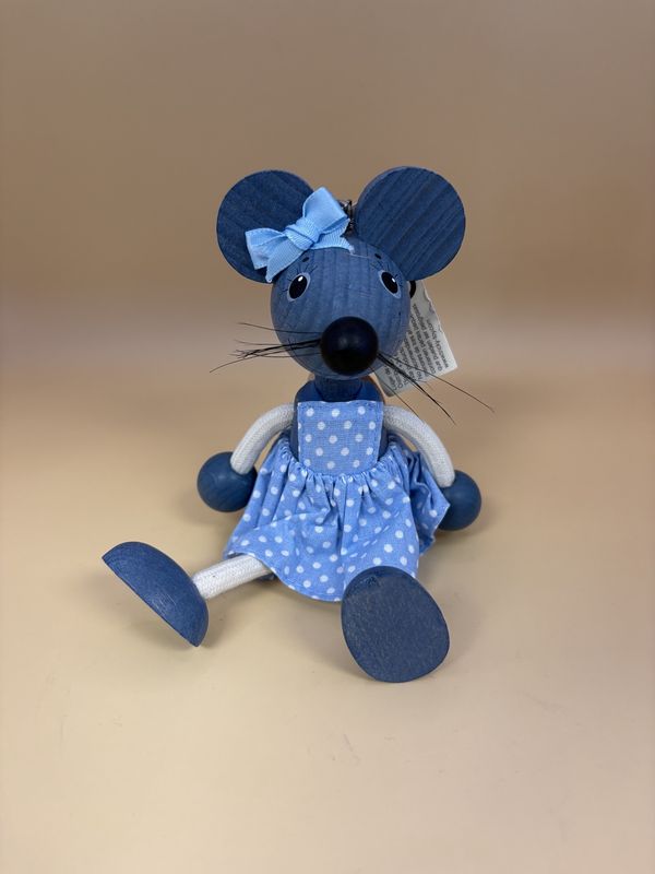 Toy. Spain/Portugal. Tricky Toy. Handmade Wooden Shelf-sitter Character w/Hanging Spring. Blue Mouse in Blue Dress.