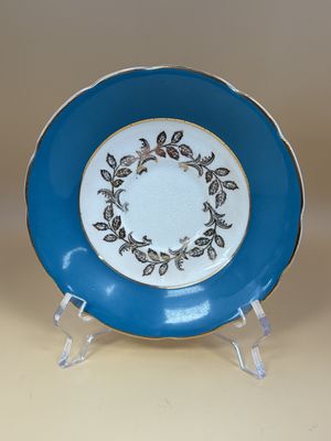 Porcelain. England. Sutherland. Teacup and Saucer. Teal and White with Gold Trim. 3.25"H