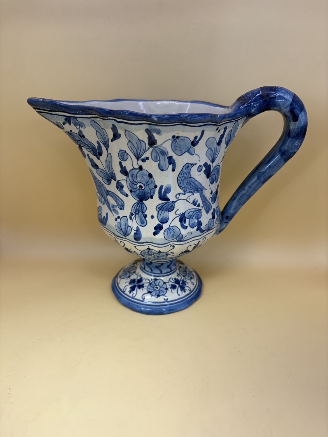 Ceramic. Italy. Deruta Ceramics. Vintage Pitcher. &quot;Arabesco Blu&quot;. Blue &amp; White, Painted with Birds &amp; Flowers. 7.75&quot;H