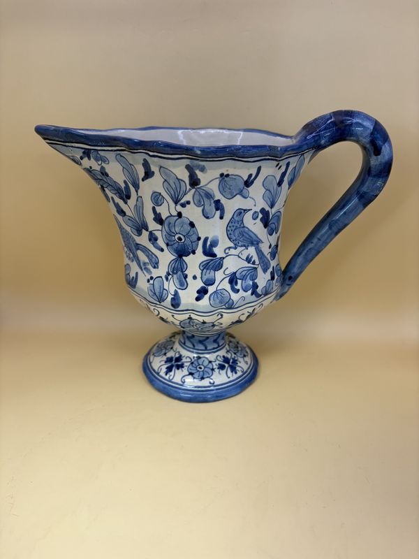 Ceramic. Italy. Deruta Ceramics. Vintage Pitcher. &quot;Arabesco Blu&quot;. Blue &amp; White, Painted with Birds &amp; Flowers. 7.75&quot;H