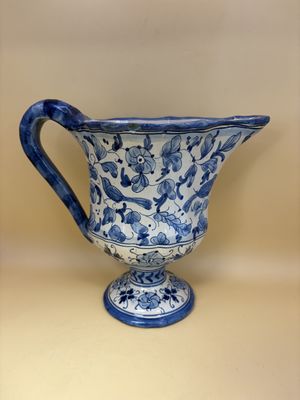 Ceramic. Italy. Deruta Ceramics. Vintage Pitcher. "Arabesco Blu". Blue &amp; White, Painted with Birds &amp; Flowers. 7.75"H