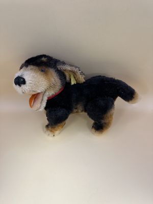 Plush. Germany. Steiff. Dog. "Beppo". Mohair, Black &amp; Tan, Red Bow, Moveable Head &amp; Legs. 1960's. 6"H