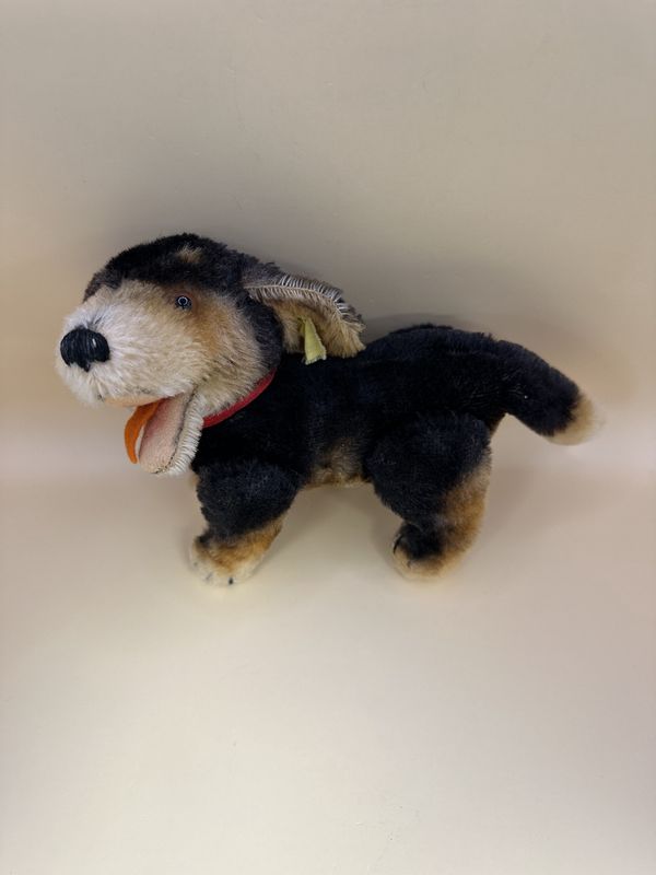 Plush. Germany. Steiff. Dog. &quot;Beppo&quot;. Mohair, Black &amp; Tan, Red Bow, Moveable Head &amp; Legs. 1960&#39;s. 6&quot;H