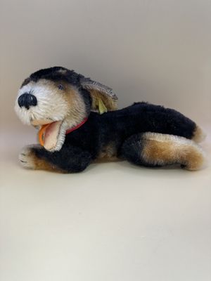 Plush. Germany. Steiff. Dog. "Beppo". Mohair, Black &amp; Tan, Red Bow, Moveable Head &amp; Legs. 1960's. 6"H