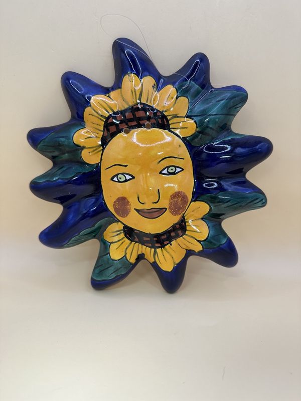 Ceramic. Mexico. Talavera. Sunflower Smiling Face Wall Hanging w/Nylon String. 7&quot;W