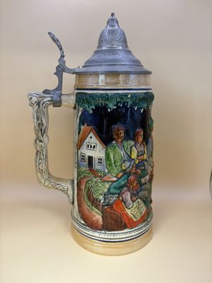 Stein. German. "Dance on the Mountain Pasture" with Pewter Lid. 11"H