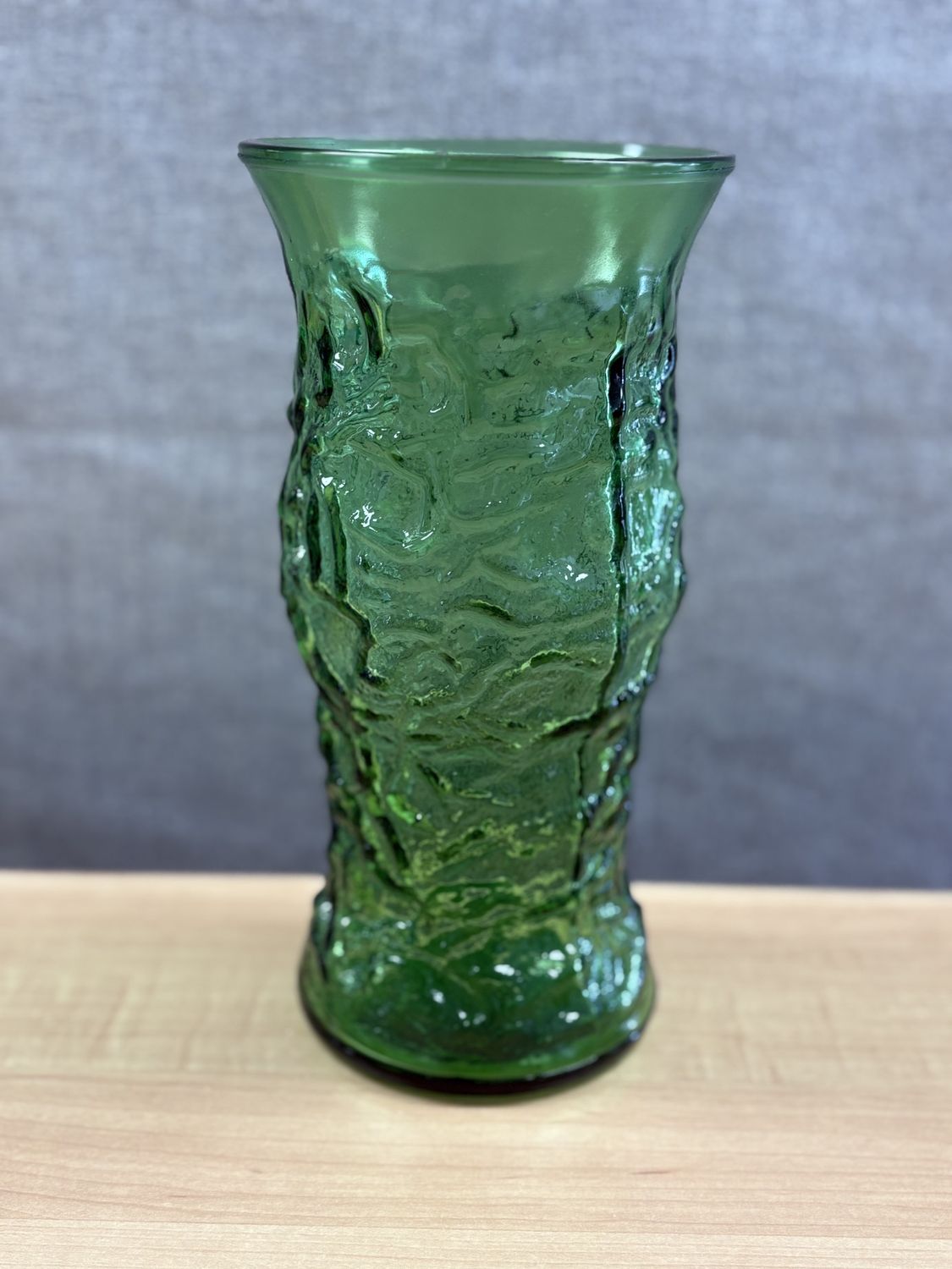 Glass. USA. E.O. Brody Co. Avocado Green Crinkle and Pebble Textured Vase. Mid 20th Century (1941-1969). 9.5&quot;H