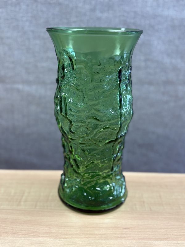 Glass. USA. E.O. Brody Co. Avocado Green Crinkle and Pebble Textured Vase. Mid 20th Century (1941-1969). 9.5&quot;H