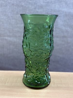 Glass. USA. E.O. Brody Co. Avocado Green Crinkle and Pebble Textured Vase. Mid 20th Century (1941-1969). 9.5"H
