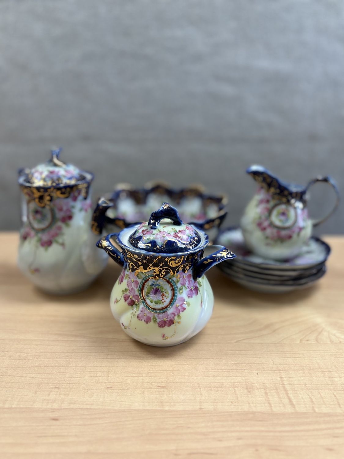 Porcelain. Japan. Vintage Tea Set with Cobalt Blue, Pink, Green, and Gold Accents.
