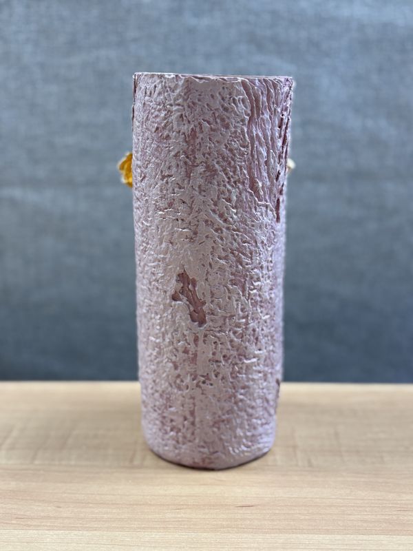 Ceramic. Vintage Pink Vase with Raised Yellow Tulips. 8.75"H