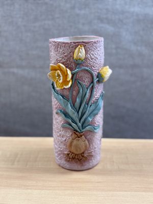 Ceramic. Vintage Pink Vase with Raised Yellow Tulips. 8.75"H