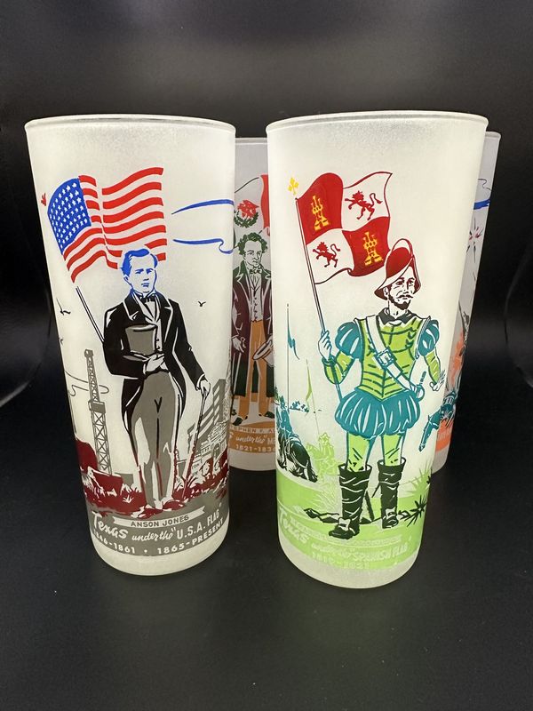 Glass. USA. Knox Oil Company. Drinking Glasses. &quot;Texas Under the Flags&quot;. 1950s. 6.75&quot;H (Set of 4)