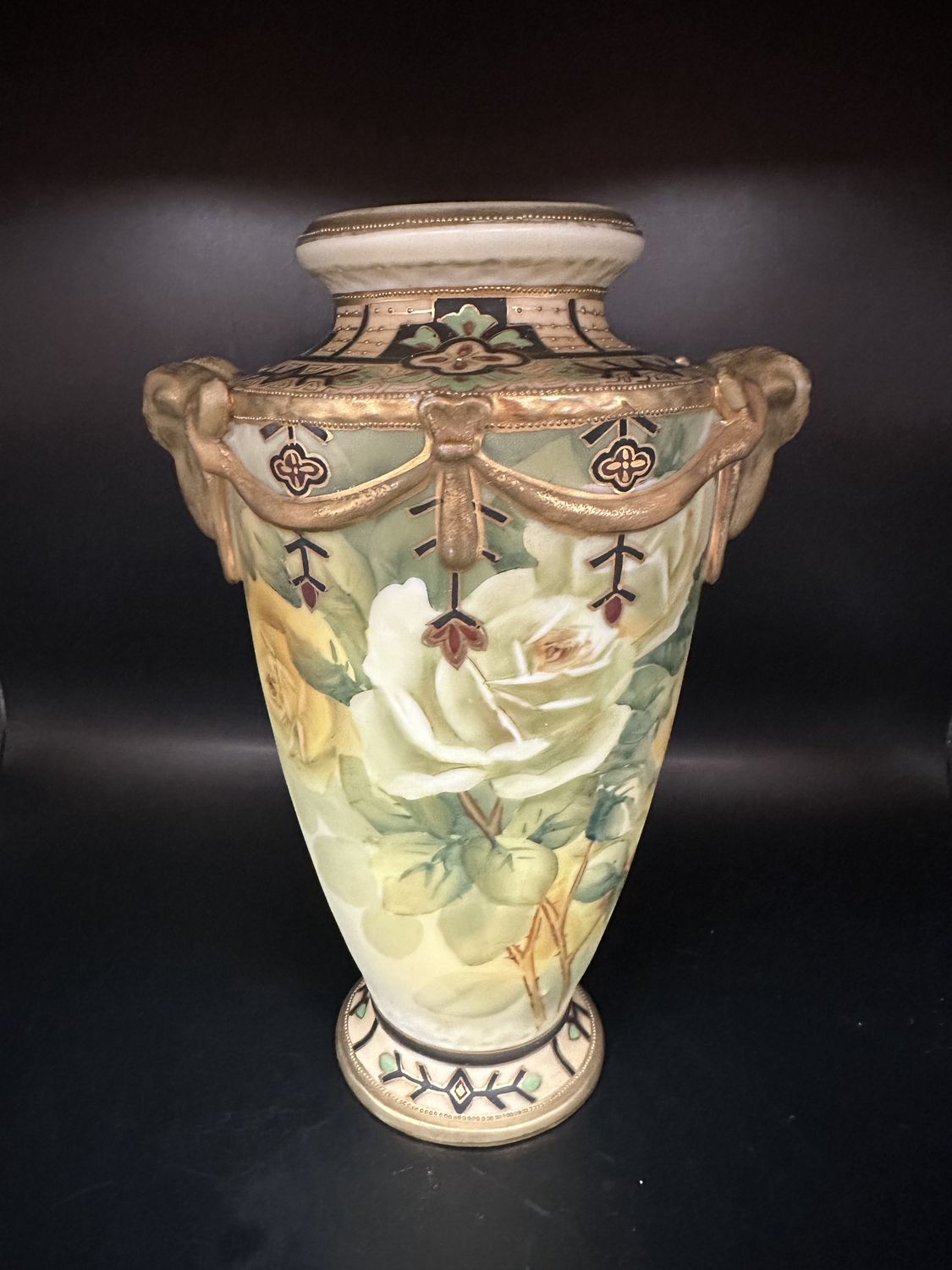 Porcelain. Japan. Nippon. Vase. Late 19th or Early 20th Century. Hand-painted w/White &amp; Yellow Roses &amp; Gold Accents. 9&quot;H