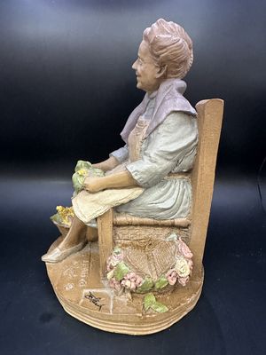 Sculpted Figure. USA. Tom Clark. Signed. Leah. Woman in Blue Dress Sitting in Wooden Chair &amp; Shucking Corn. 1986. 8.75"H