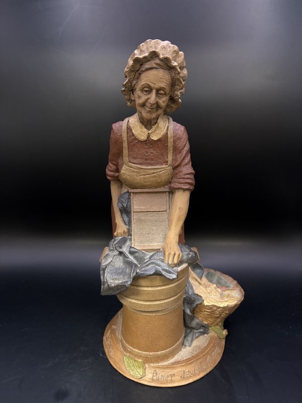 Sculpted Figure. USA. Tom Clark. Aunt Jewell. Woman with Bonnet, Washing Clothes in a Basin. 1988. 9.5&quot;H