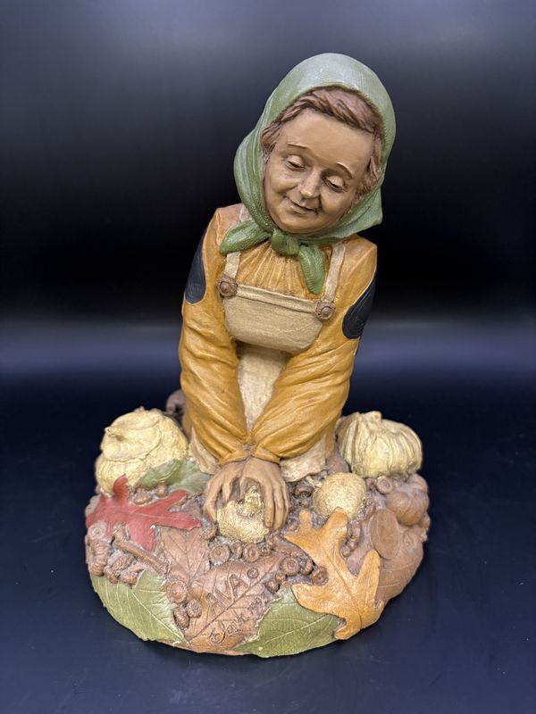 Sculpted Figure. USA. Tom Clark. Ava. Female Gardner w/Green Head Scarf, Kneeling in Pumpkins, Acorns, &amp; Leaves. 1993. 7.5&quot;H