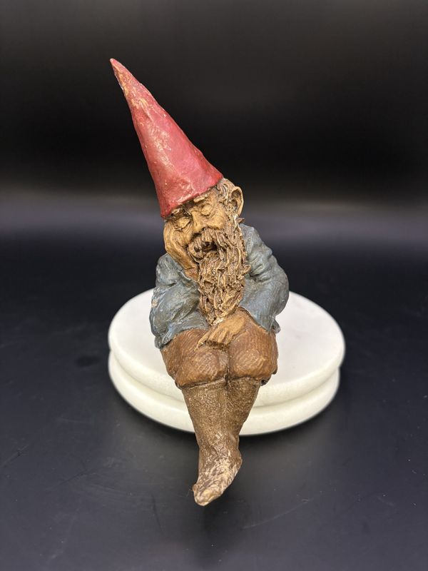 Sculpted Figure. USA. Tom Clark. Bailey. Shelf-sitter. Sleeping Gnome with Backpack. 1986. 4.5&quot;H