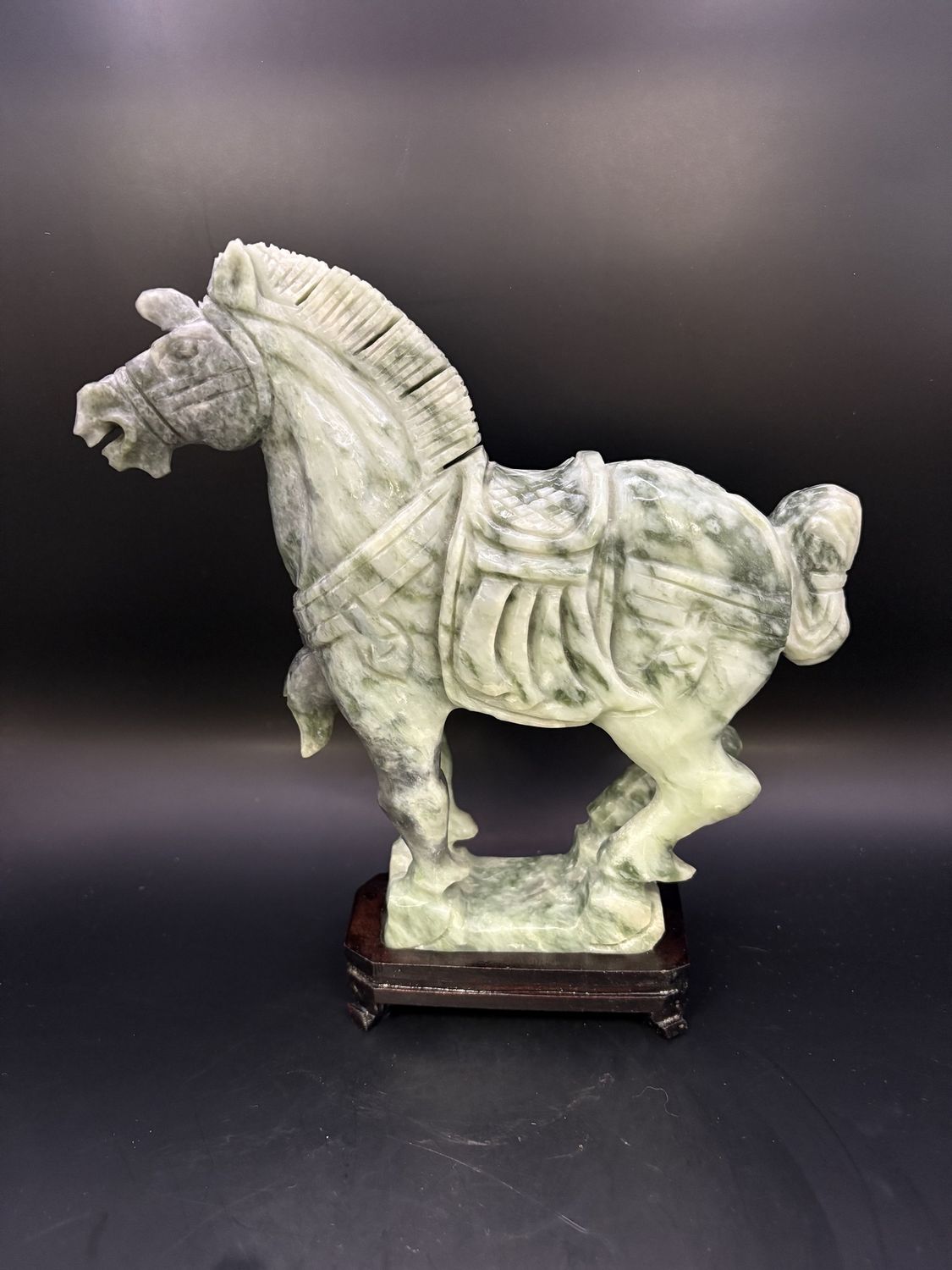Decor. Chinese Carved Jade Horse w/Attached Black Base. 8&quot;H