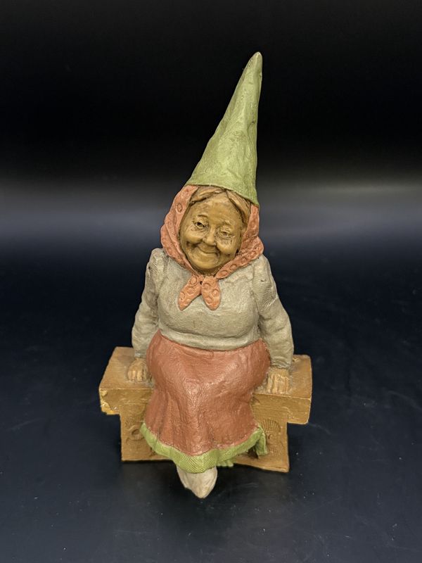 Sculpted Figure. USA. Tom Clark. Elizabeth. Woman w/Pink Headscarf &amp; Green Hat, Sitting on Bench. 1984. 5.25&quot;H