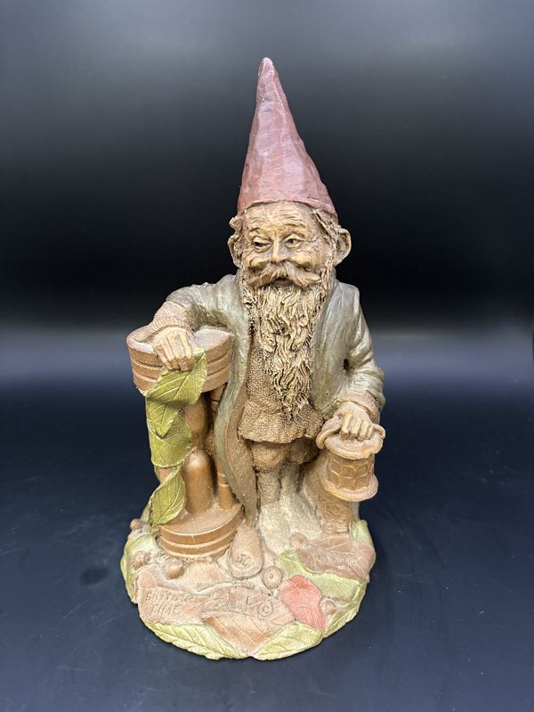 Sculpted Figure. USA. Tom Clark. Father Time. Older Gnome Leaning on an Hourglass Holding a Lantern. 1984. 7.5&quot;H