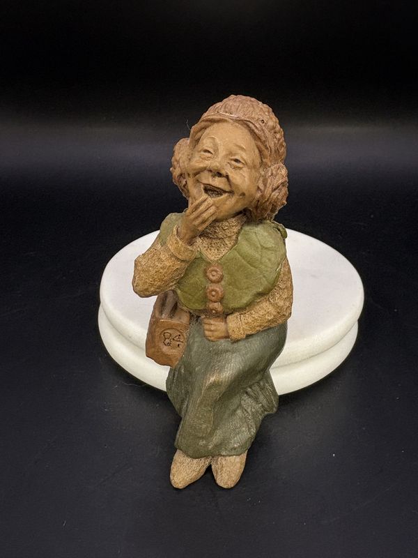 Sculpted Figure. USA. Tom Clark. Madre. Shelf-sitter. Woman w/Purse &amp; Leaf Shaw, Sitting w/Hand on Chin. 1984. 3.5&quot;H