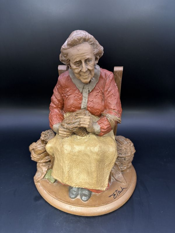Sculpted Figure. USA. Tom Clark. Mabel. Woman in Red Dress Sitting &amp; Weaving Baskets. Signed. 1984. 7.5&quot;H