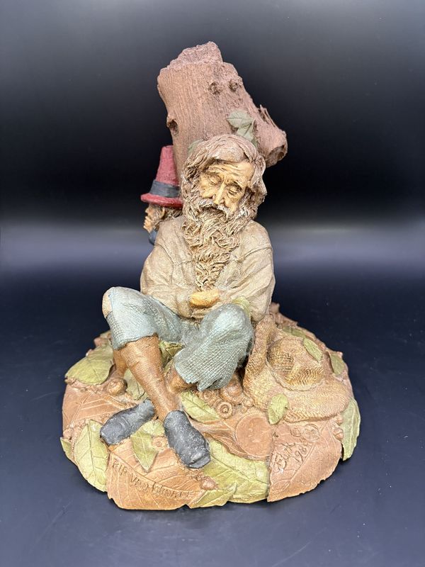 Sculpted Figure. USA. Tom Clark. Rip Van Winkle. Man Sleeping Against Tree; Henrick Gnome behind Tree. 1986. 6.75&quot;H