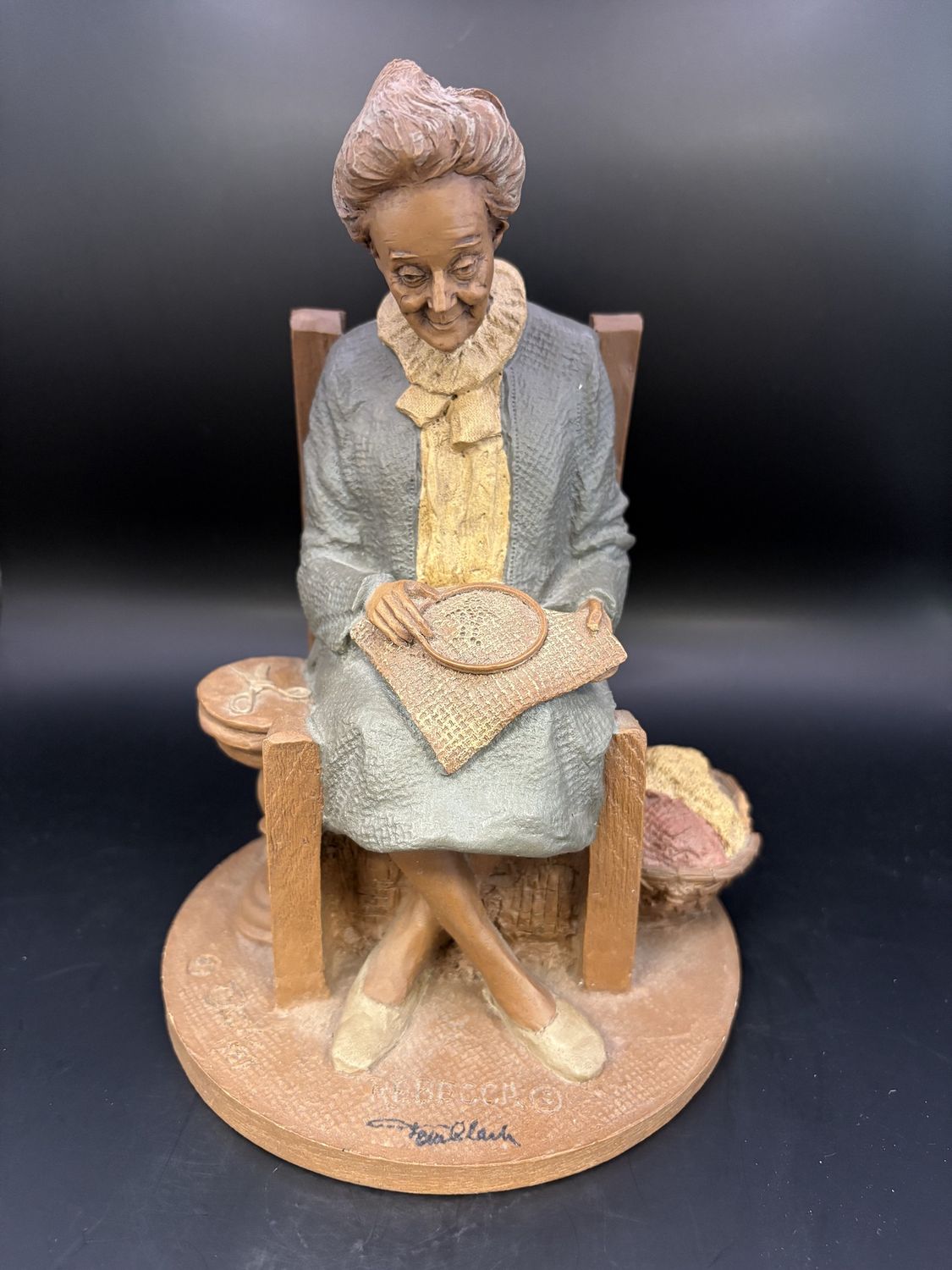 Sculpted Figure. USA. Tom Clark. Rebecca. Signed. Woman in Blue Dress, Doing Embroidery. 1987. 8.25&quot;H
